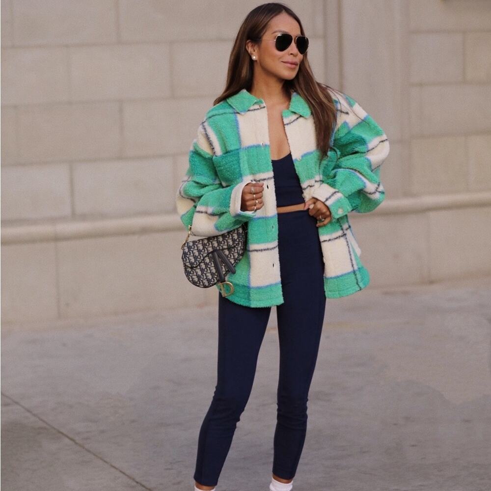 Bandier x Sincerely Jules Aspen Sherpa Jacket in Camp Green Plaid